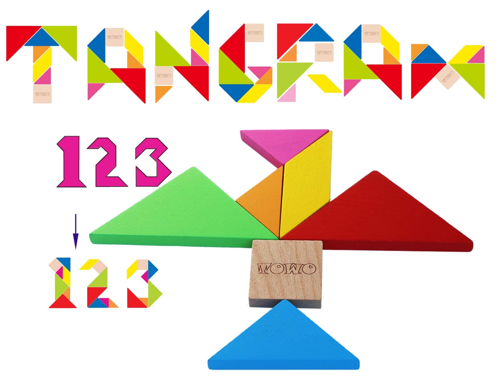 Wooden Tangram Puzzles Kids -Large Size Classic Original-Pattern Blocks Geometric Shapes Math Montessori Toys -Travel Games Smart Brain Teaser IQ Logic Puzzle Stocking Fillers Stuffers Children Adults