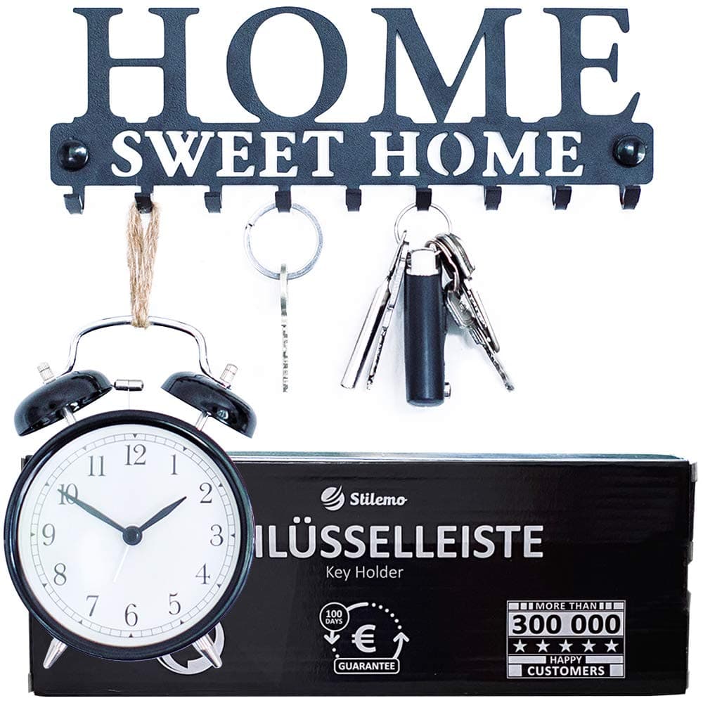 Key Holder for Organized Hanging - Save time with The Home Sweet Home Key Rack and Key Holders - Key Hanger, in Satin Black - 9 Wall Mounted Hooks - 25 x 8.5 cm