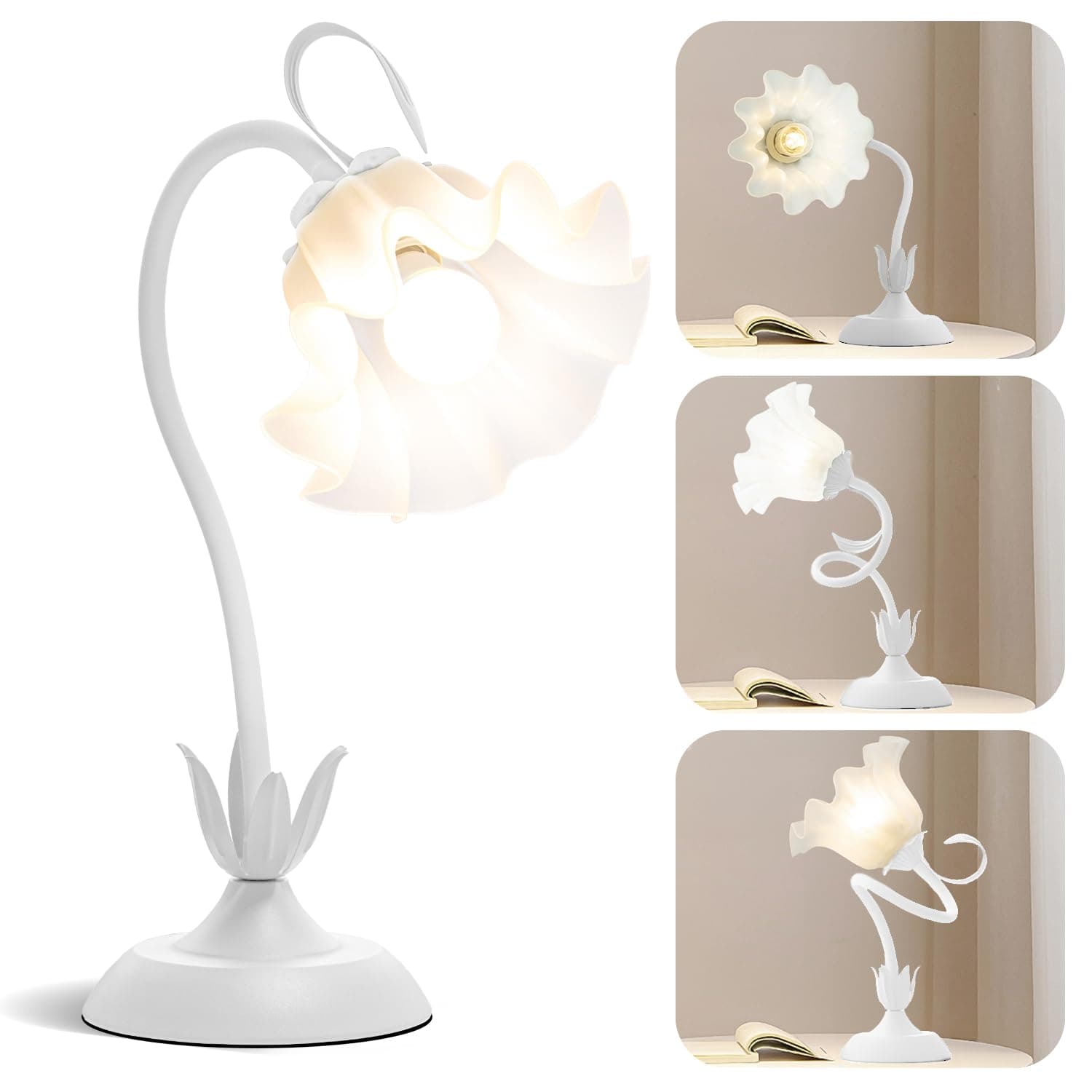 WERFOP Flower Table Lamp, LED Reading Light Vintage Bedside Table Lamp with 3 Color Modes for Nightstand, Kawaii Decoration for Home Bedroom Living Room (White)