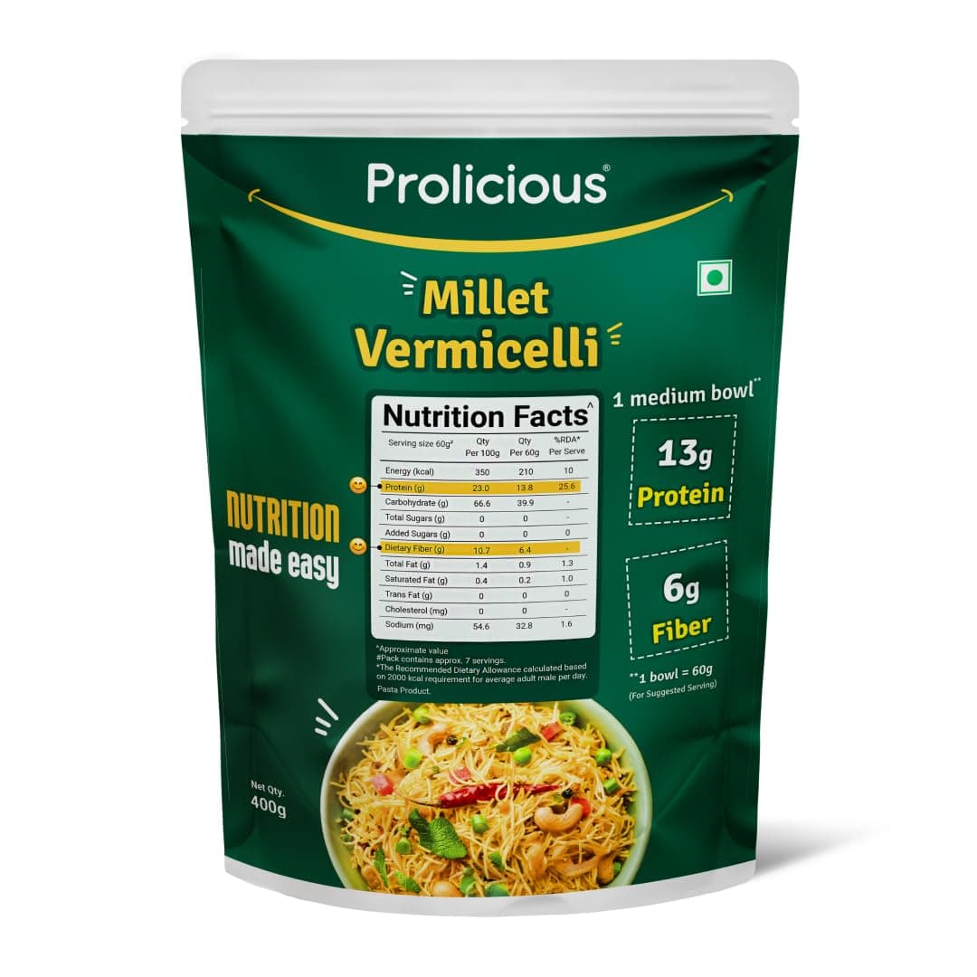 Prolicious 2X Protein Millet Vermicelli | Nutritious | Plant Based | No Palm Oil | No Maida | Quick & Healthy Breakfast Option | 400gms pack