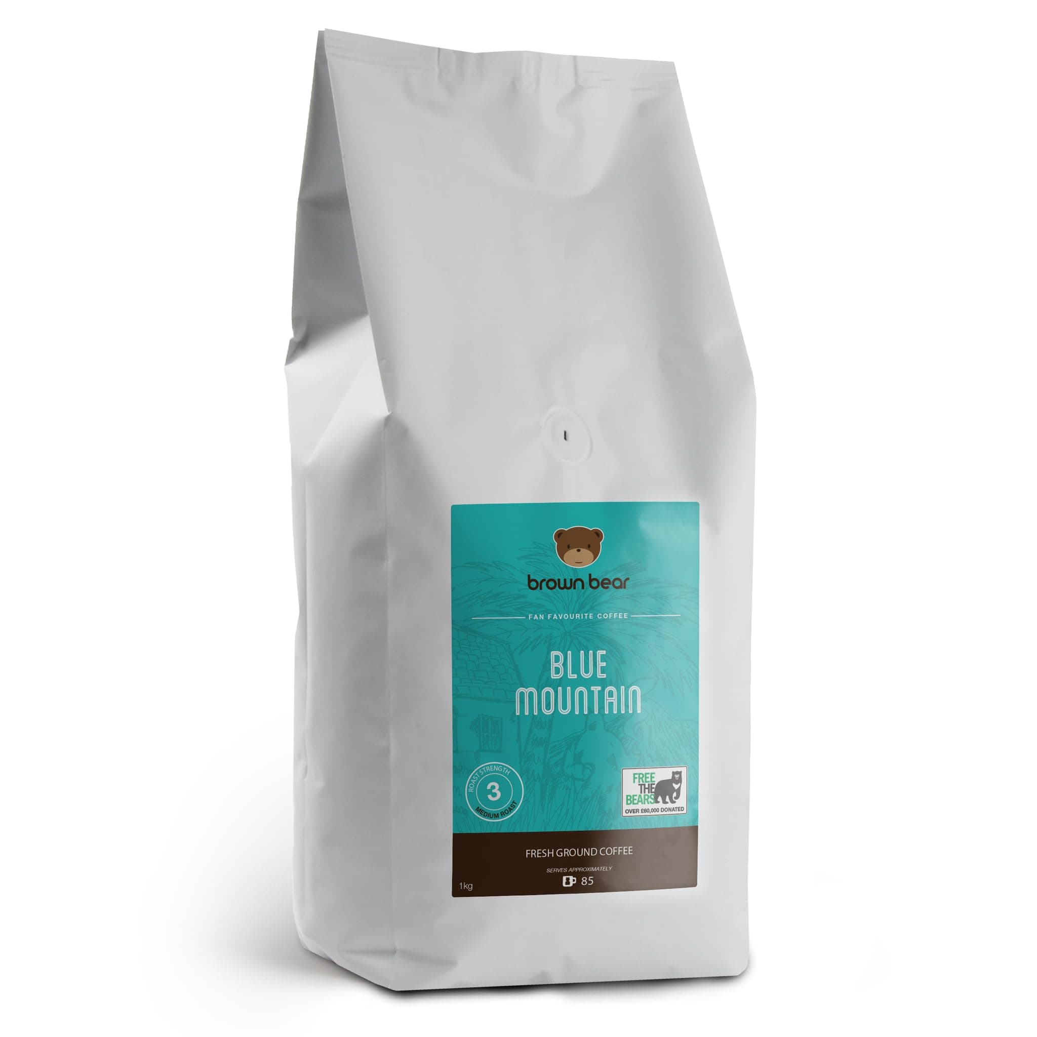 – Blue Mountain Medium Roast Coffee Beans 1kg - Brown Bear - for All Coffee Machines - Strength 3 - Donation to Free The Bears - 100% Arabica