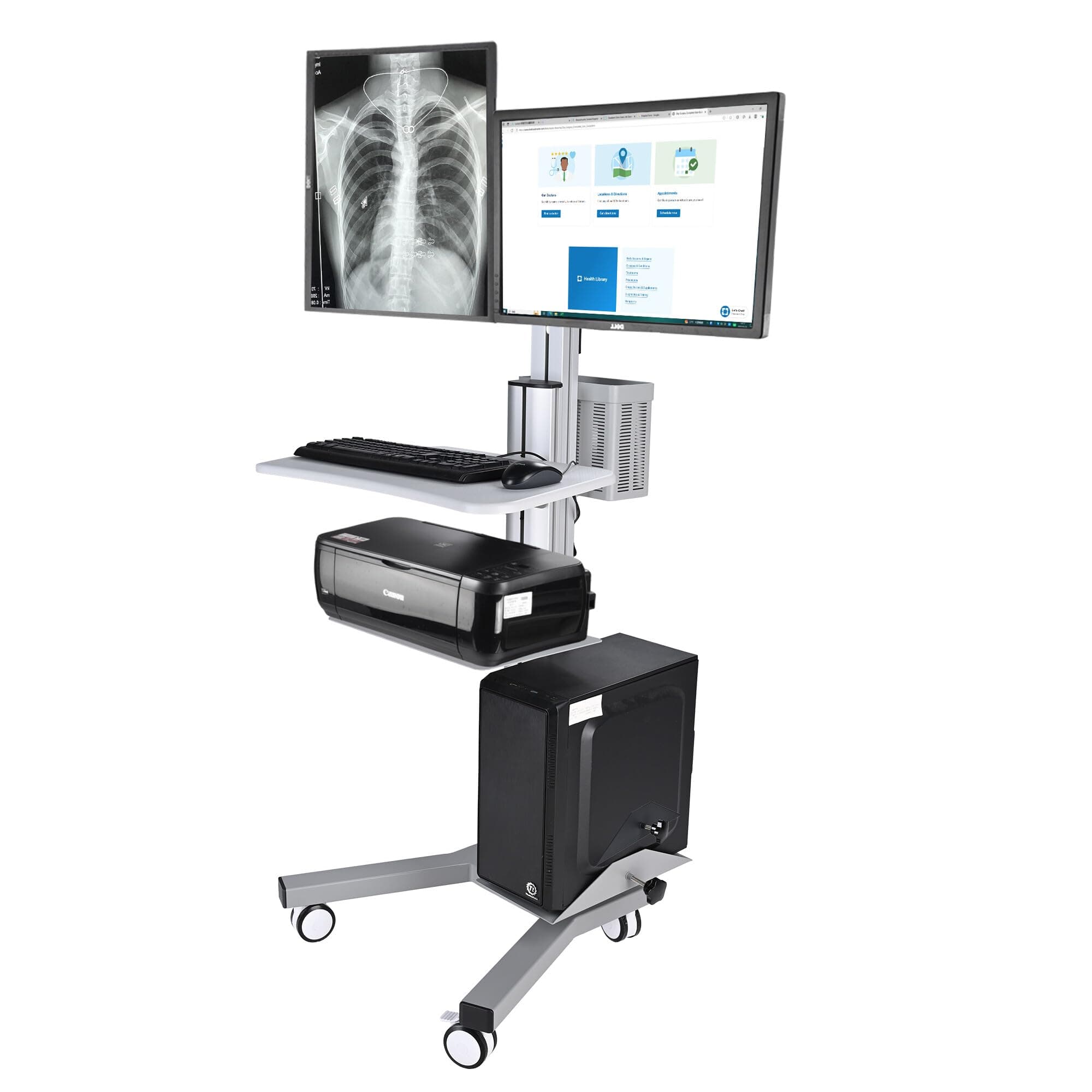 AW Medical Mobile Computer Cart Rolling PC Stand Desk Workstation Dual Monitor Mount with Wheels Adjustable Keyboard Tray CPU Printer Holder for Hospital Clinic School Office Silver