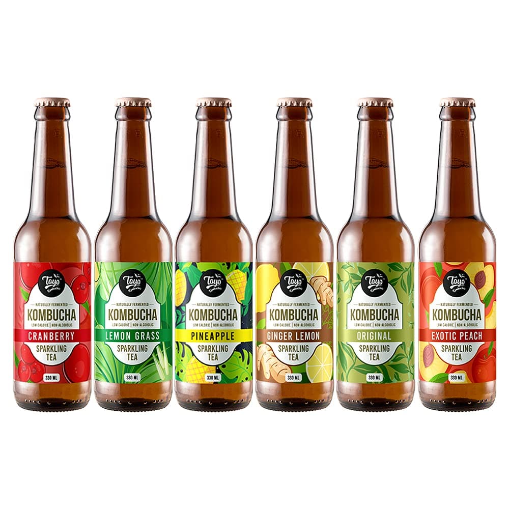 Toyo Kombucha -Sparkling Fermented Probiotic Tea Trial Pack|Includes Exotic Peach,Lemongrass,Ginger Lemon,Cranberry,Pineapple,Original, Variety Pack | Gut Friendly| Immunity Booster| 330ML | Pack Of 6