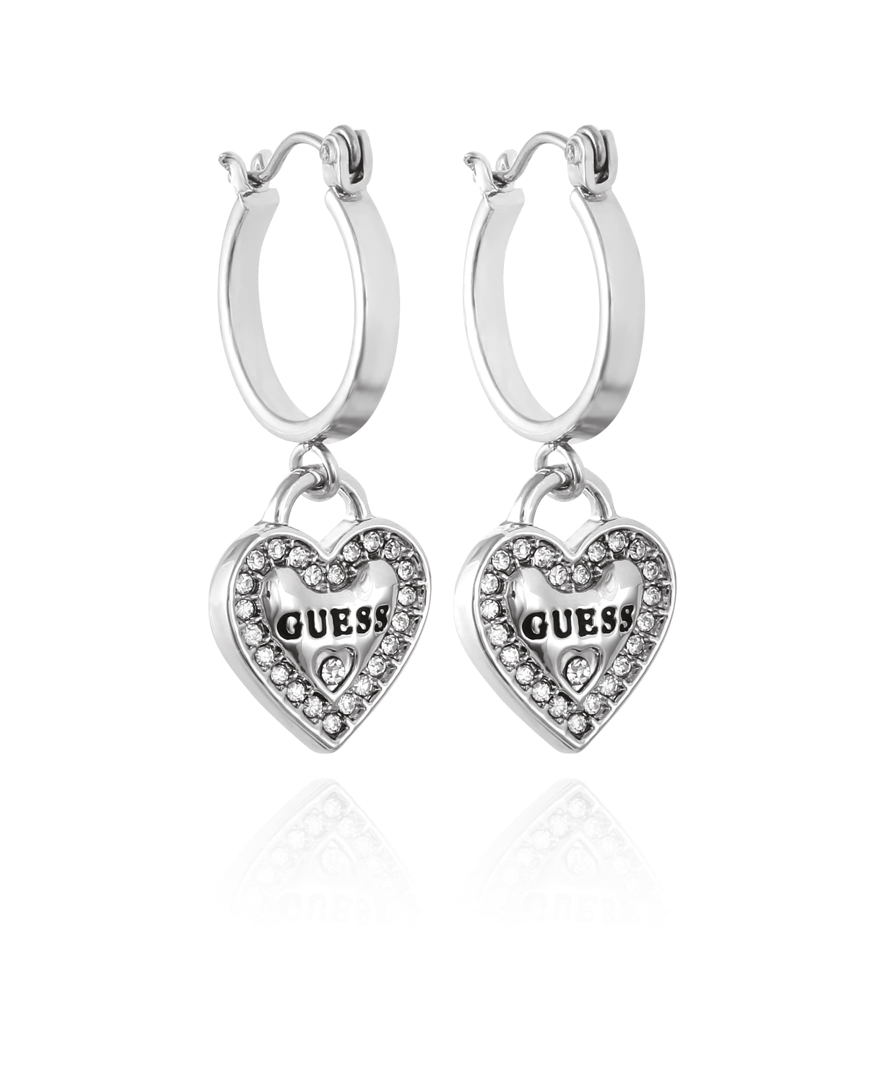 Silvertone Logo Heart Dangle Charm Hoop Earrings