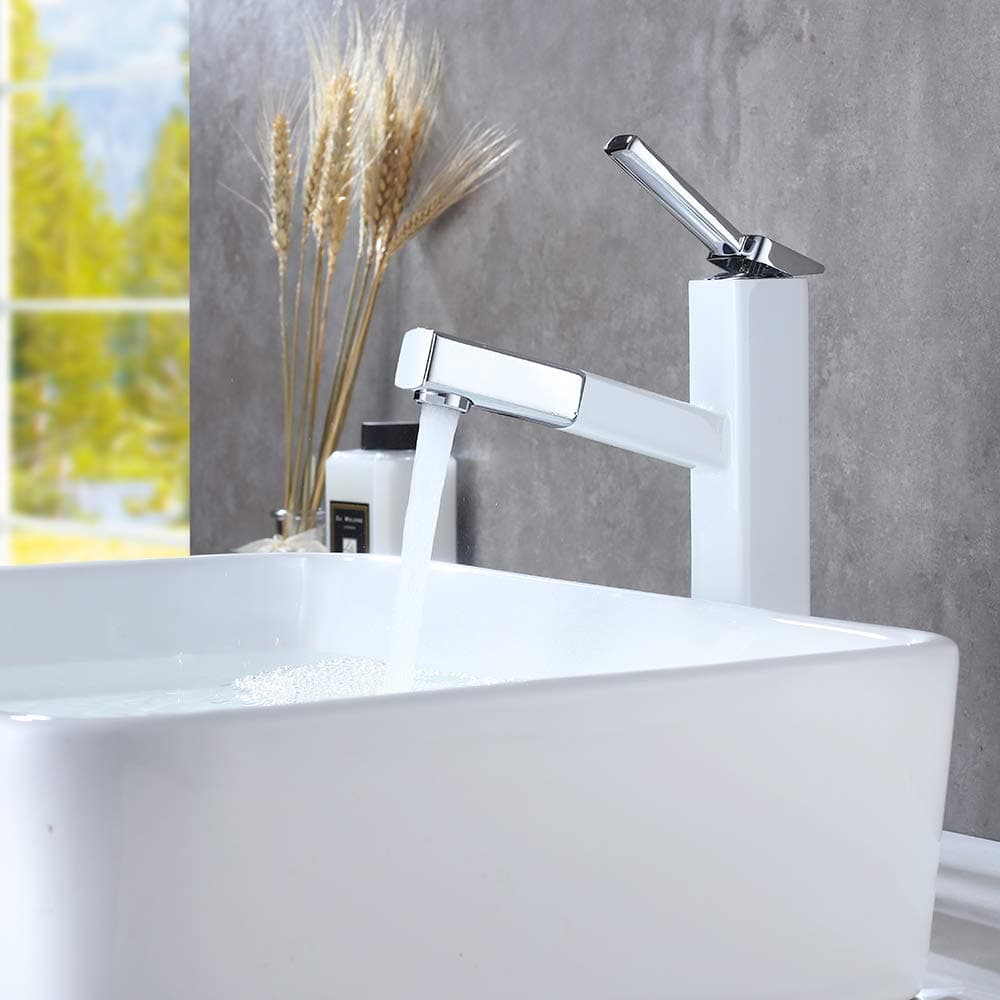 KAIYING Bathroom Pull Down Vessel Sink Faucet, Lavatory Single Hole Basin Sink Faucet with Pull Out Sprayer, Single Handle Utility Mixer Tap with Rotating Spout (Tall, Chrome & White)