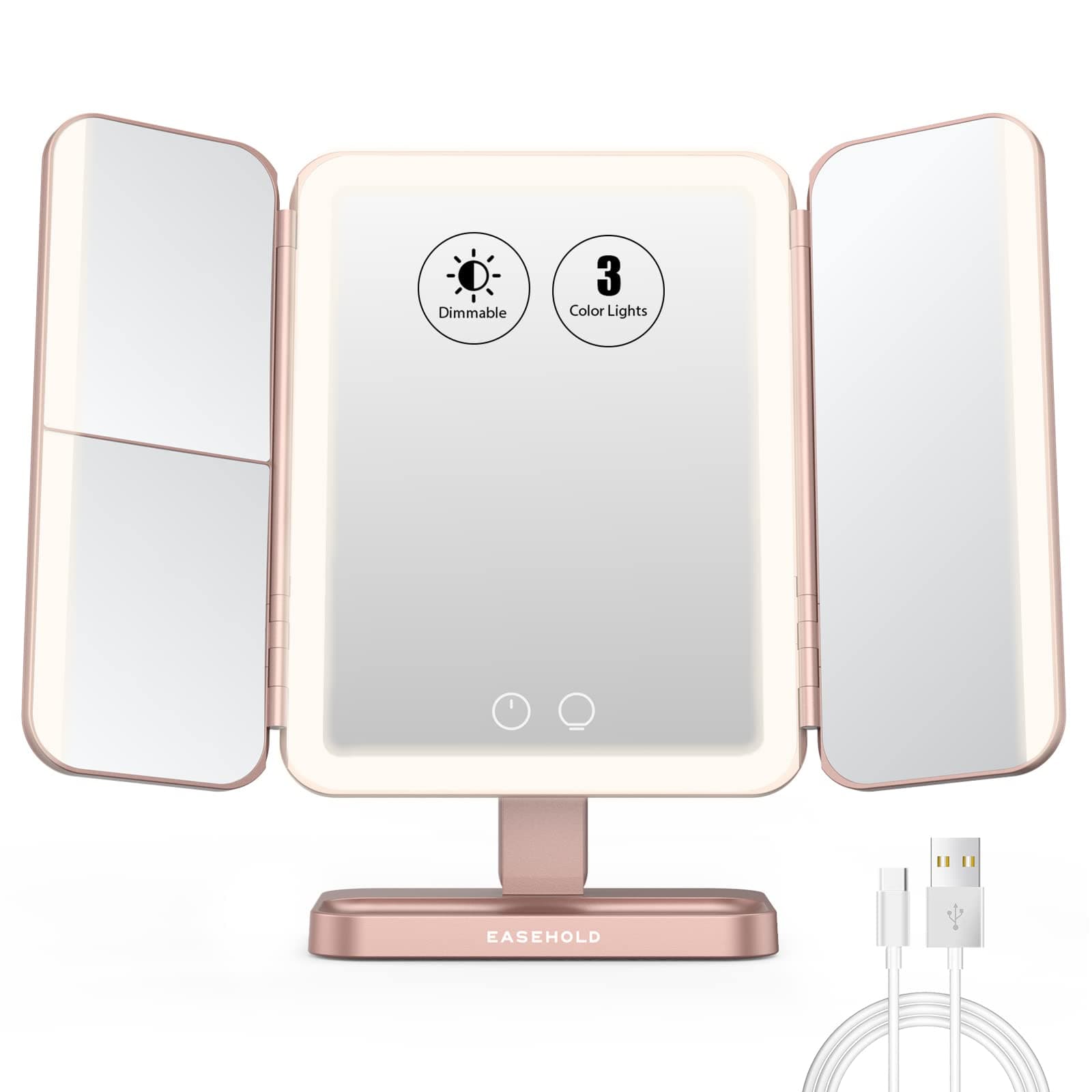 EASEHOLD Vanity Makeup Mirror 116 Led Lights,5000mAh Rechargeable,Adjustable 3 Color Lighting Modes, 2x/3x/10x Magnifying, 180° & 90° Rotation for Countertop Cosmetic, Rose Gold