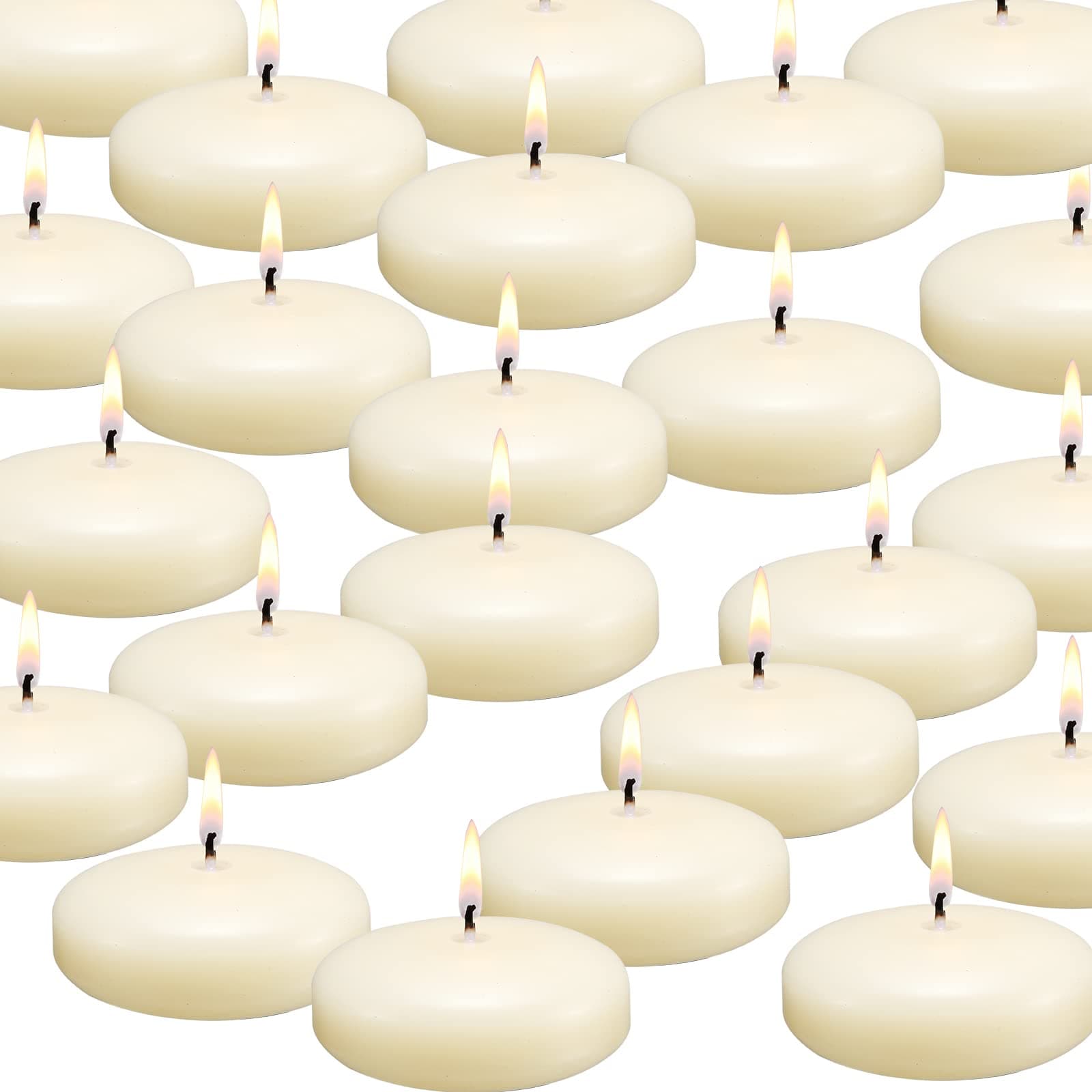 qinxiang 24 Pack Floating Candles, 3” Ivory Unscented Dripless Wax Burning Candles, for Cylinder Vases, Weddings, Party and Holiday