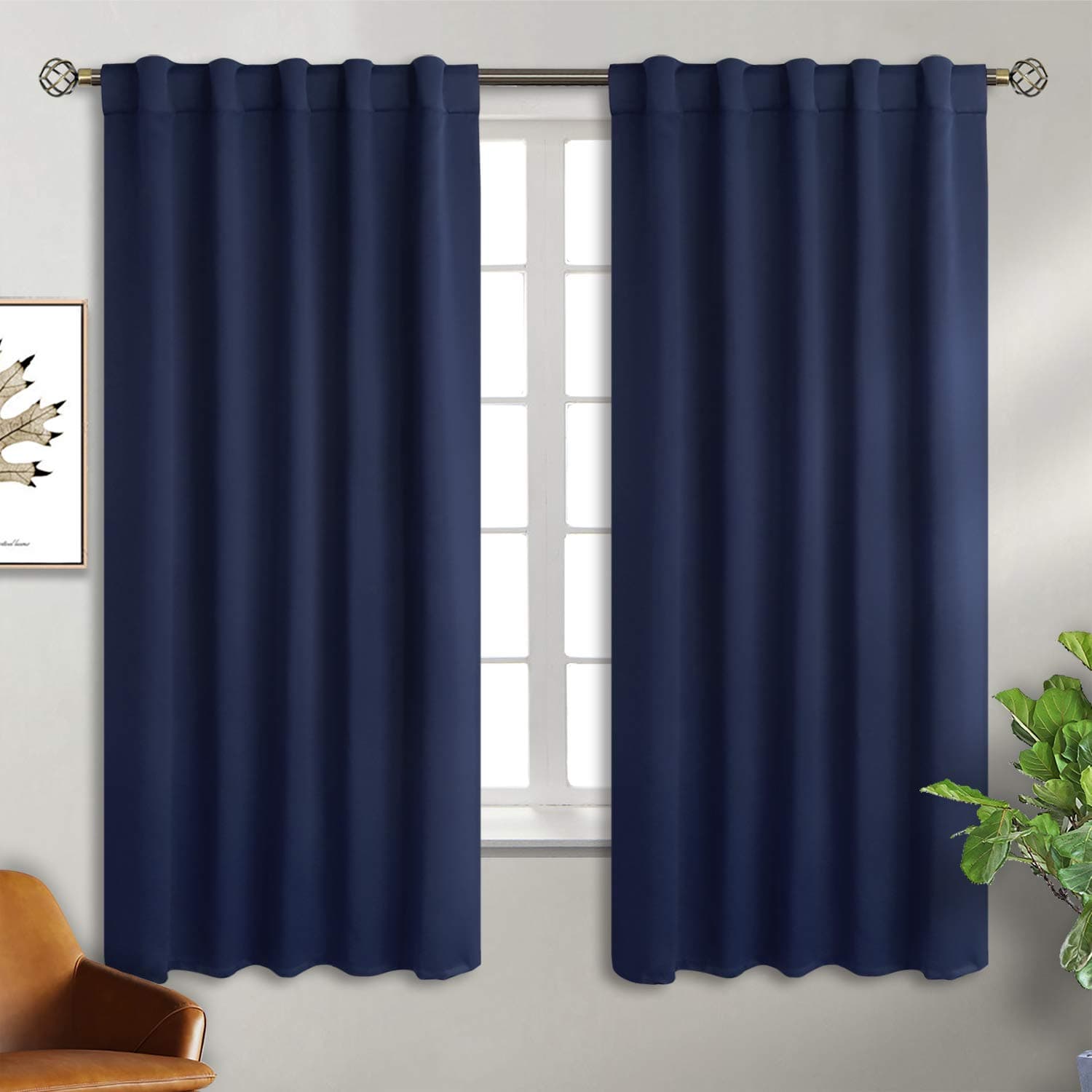 Rod Pocket and Back Tab Blackout Curtains for Bedroom - Thermal Insulated Room Darkening Curtains for Living Room, 42x63 inch, 2 Window Curtain Panels, Navy Blue