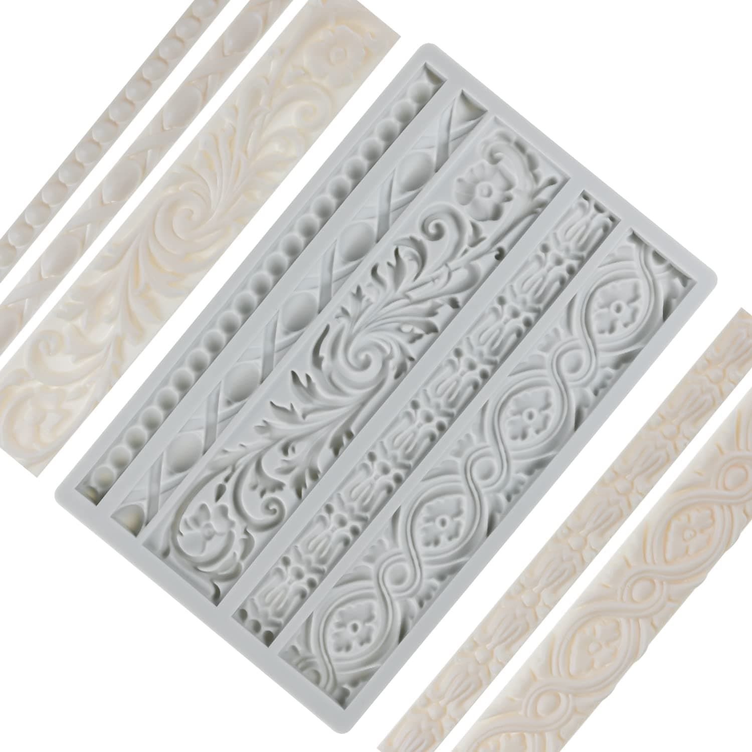 DIY Baroque Scroll Relief Cake Border Silicone Molds, Baroque Style Curlicues Scroll Lace Fondant Silicone Mold, European Frame Cake Decorating Tools, Relief Flower Lace Mould Mat(Gray)