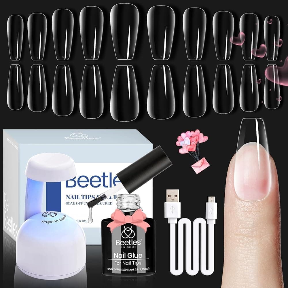 Beetles Gel Nail Kit Easy Extension Set With 500Pcs Medium Coffin Shaped Tips 5 in 1 Nail Glue Base Gel and Innovative Led Lamp Easy Funny Diy False Tips Art at Home Day
