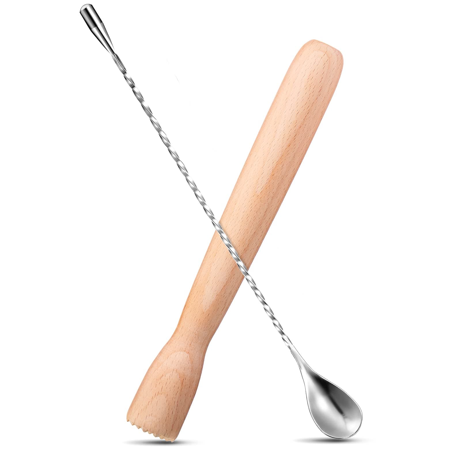 Patelai Wooden Cocktail Muddler Drinks Muddler Bar Muddler and 12 Inches Spiral Mixing Spoon Stainless Steel Shaker Spoon for Making Cocktails Drinks Juice