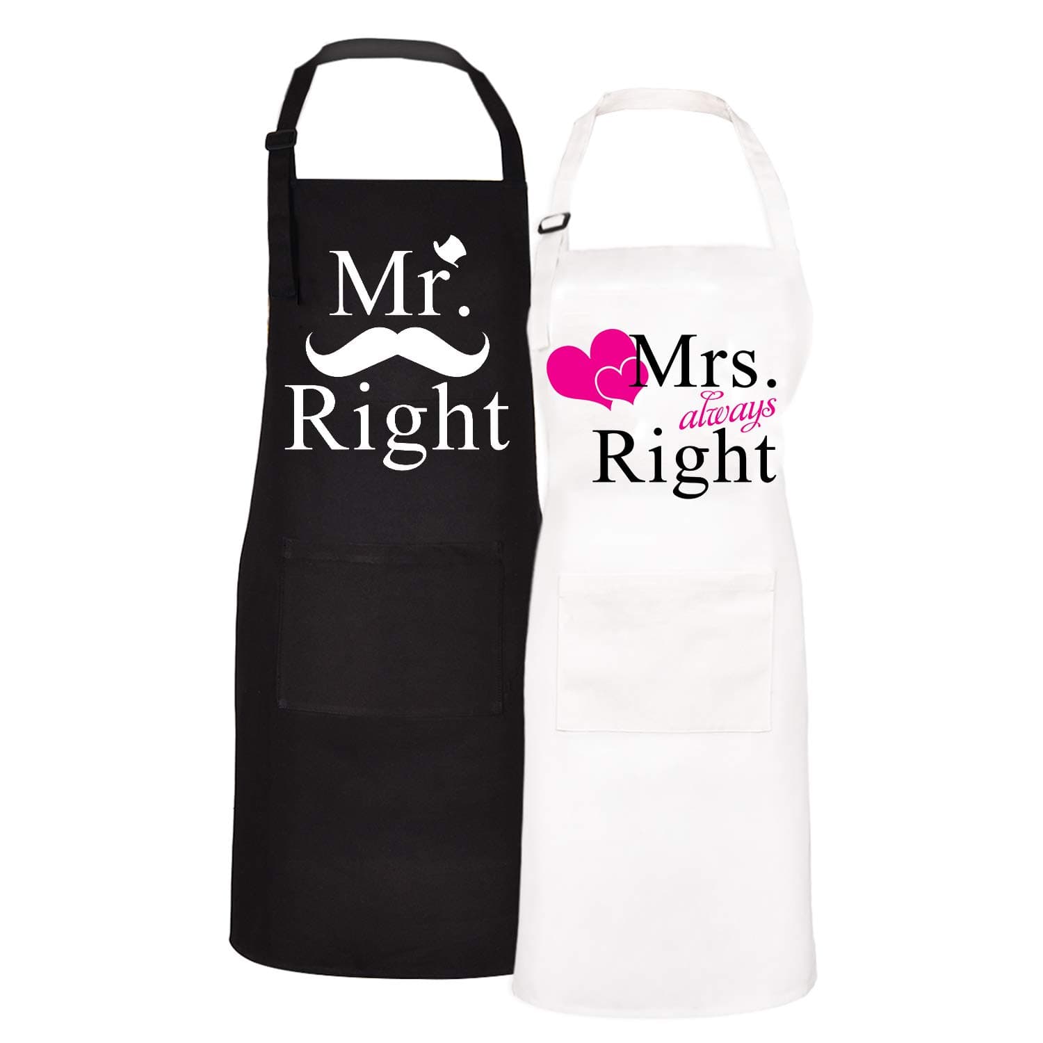 2 Pack Couple Cooking Aprons with Pockets, Mr. Right and Mrs. Always Right Romantic Kitchen Aprons, Waterproof Adjustable Baking Aprons for Wedding Men Women
