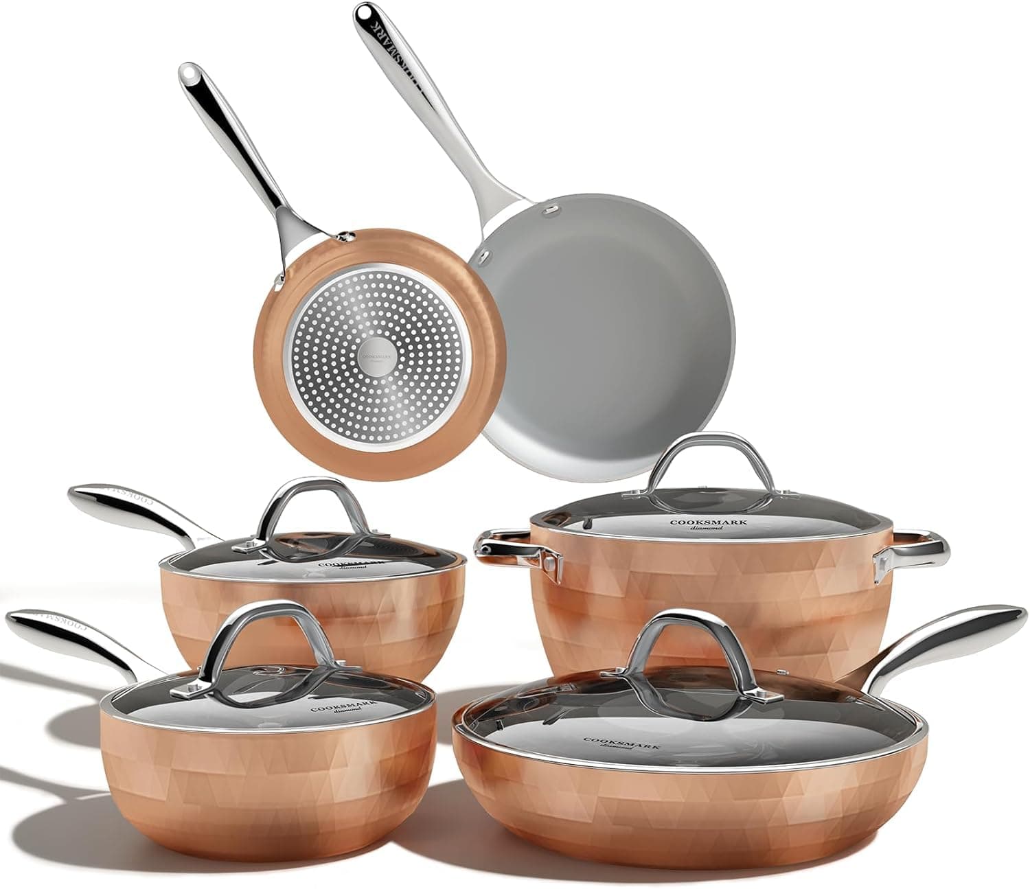 COOKSMARK Diamond-Infused Nonstick Induction Safe Cookware Set, Scratch-Resistant Pots and Pans Set with Glass Lids, Dishwasher Safe Oven Safe 10-Piece Copper