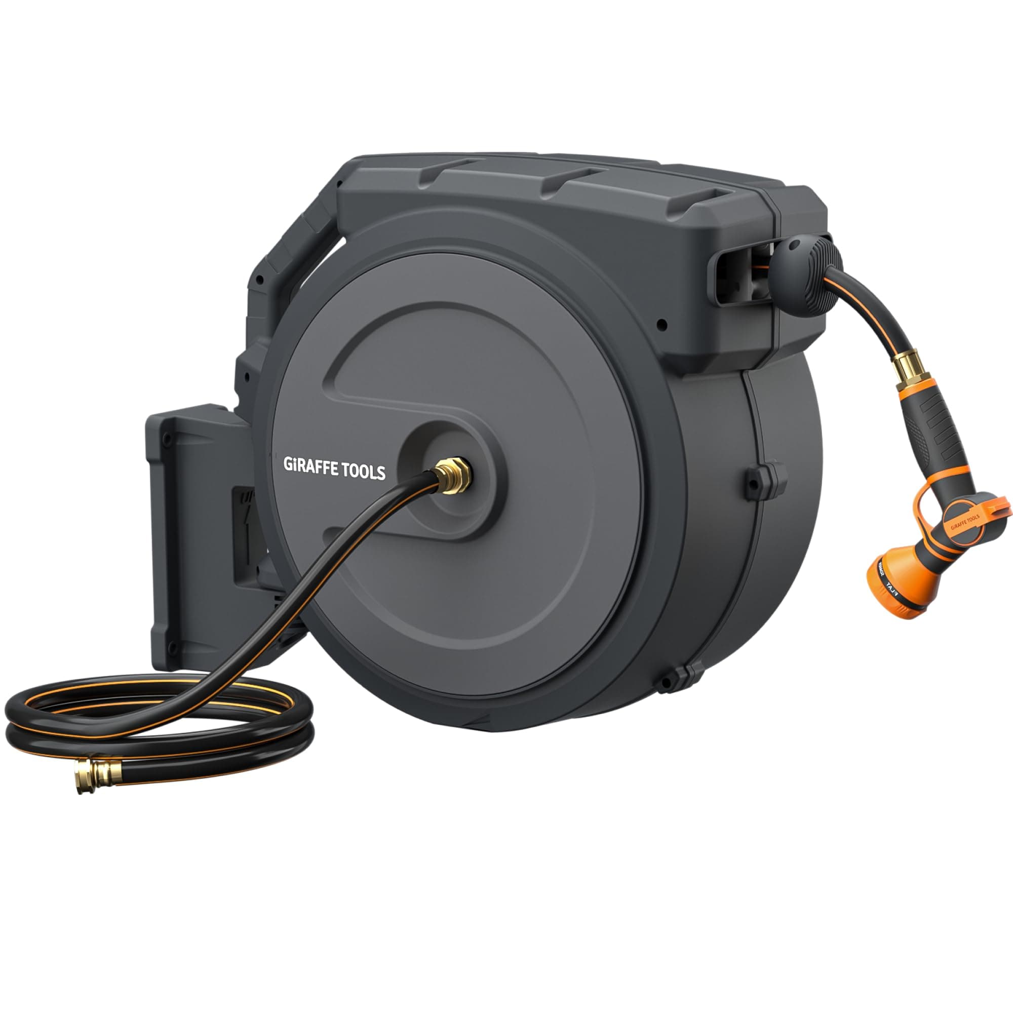 AW40 Retractable Hose Reel 5/8" x 90 ft Wall Mounted Garden Hose Reel Heavy Duty, Automatic Rewind, 180 Deg Swivel, Any Length Lock, 9 Pattern Nozzle, 90 ft, Dark Grey