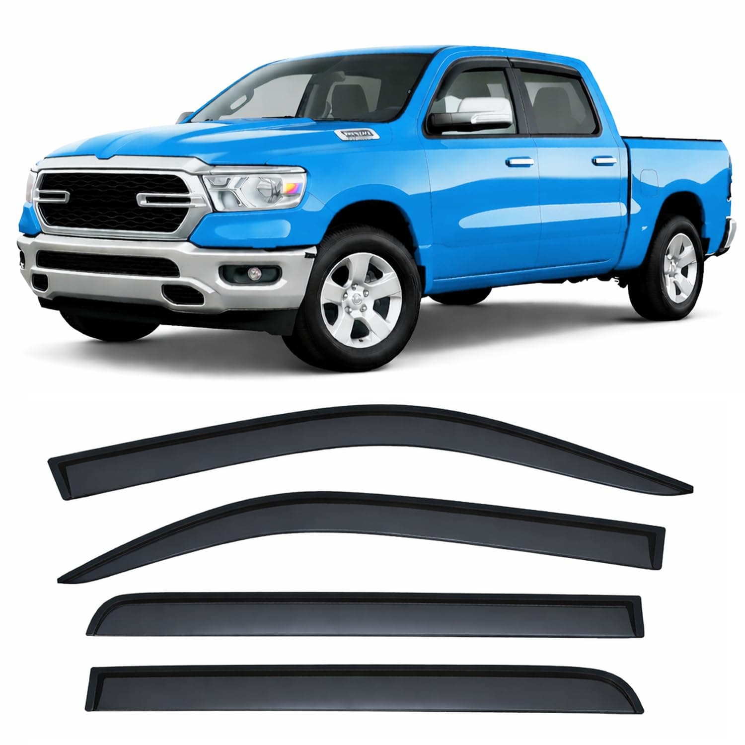 2019-2025 Tape-On Side Window Deflector Visors Compatible with Dodge Ram 1500 Crew Cab Only Smoke Tinted Rain Guards 2020 2021 2022 2023 2024