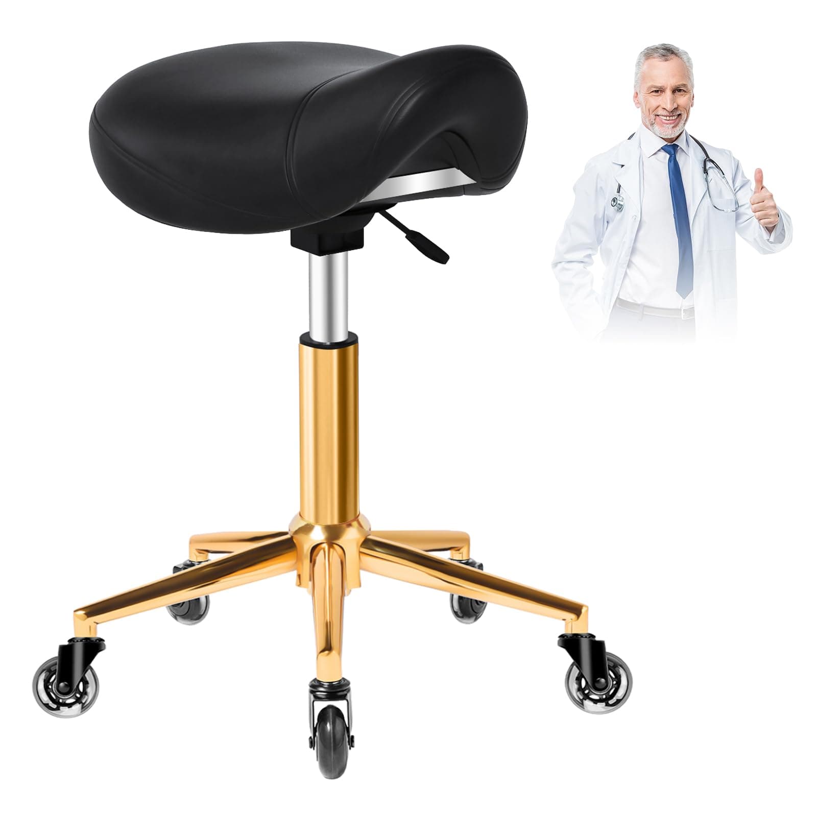 Saddle Stool with Wheels Ergonomic - Thick Wide Saddle Cushion, Healthy Posture No Pain, Easy to Adjust, Smooth Rolling No Creaky Noises, Rolling Swivel Saddle Stool Chair for Salon Massage (Black)