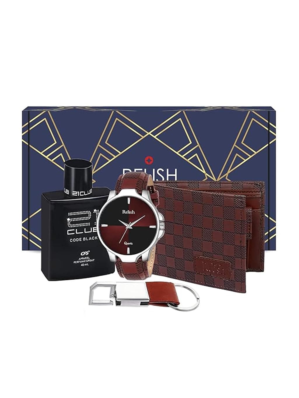 Relish Gift Combo Box Analog Leather Strap Watch, Wallet, Long Lasting Perfume and Metal Hook Keychain | Valentine Gift for Boyfriend