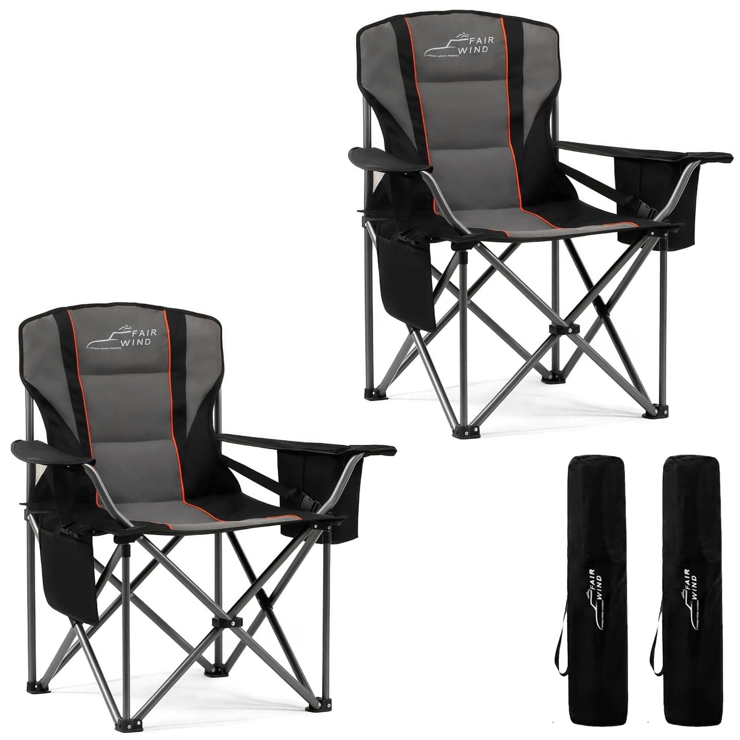 FAIR WIND 2 Pack Fully Padded Oversized Camping Chair 500LBS Capacity Heavy Duty Folding Chair for Heavy People with Adjustable Lumbar Support, Cooler Bag & Cup Holder for Outdoor, Beach