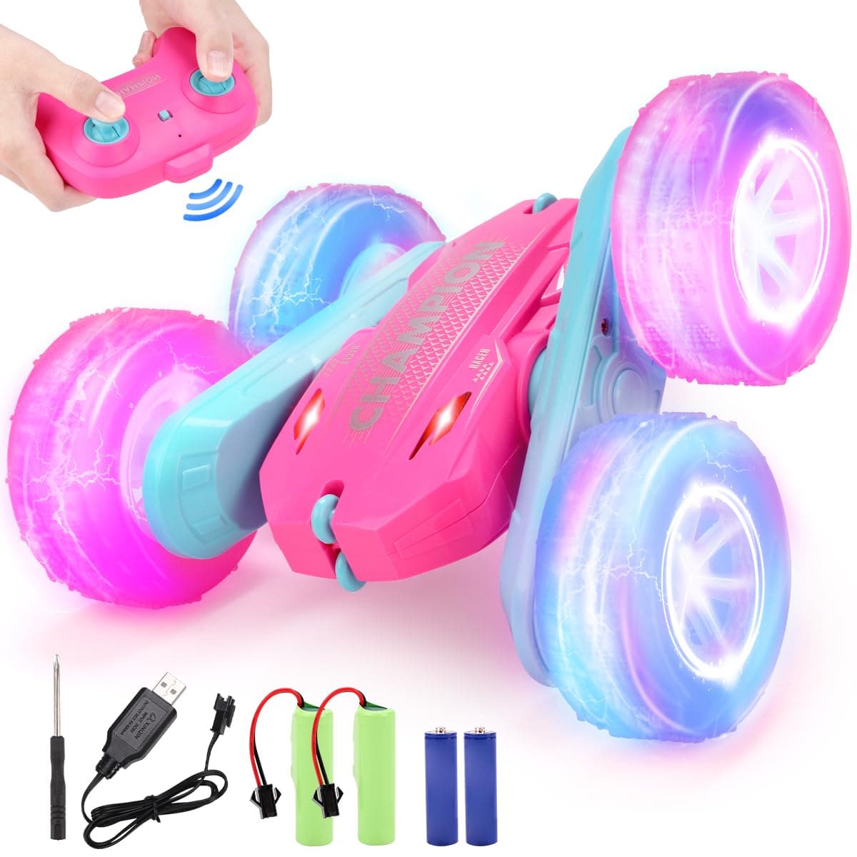 REMOKING 4WD Remote Control Stunt Car with LED Lights, 2.4GHz Double Sided 360° Rotating RC Car, Rechargeable Off Road RC Vehicle for Girls and Boys Age 6+ (Pink)