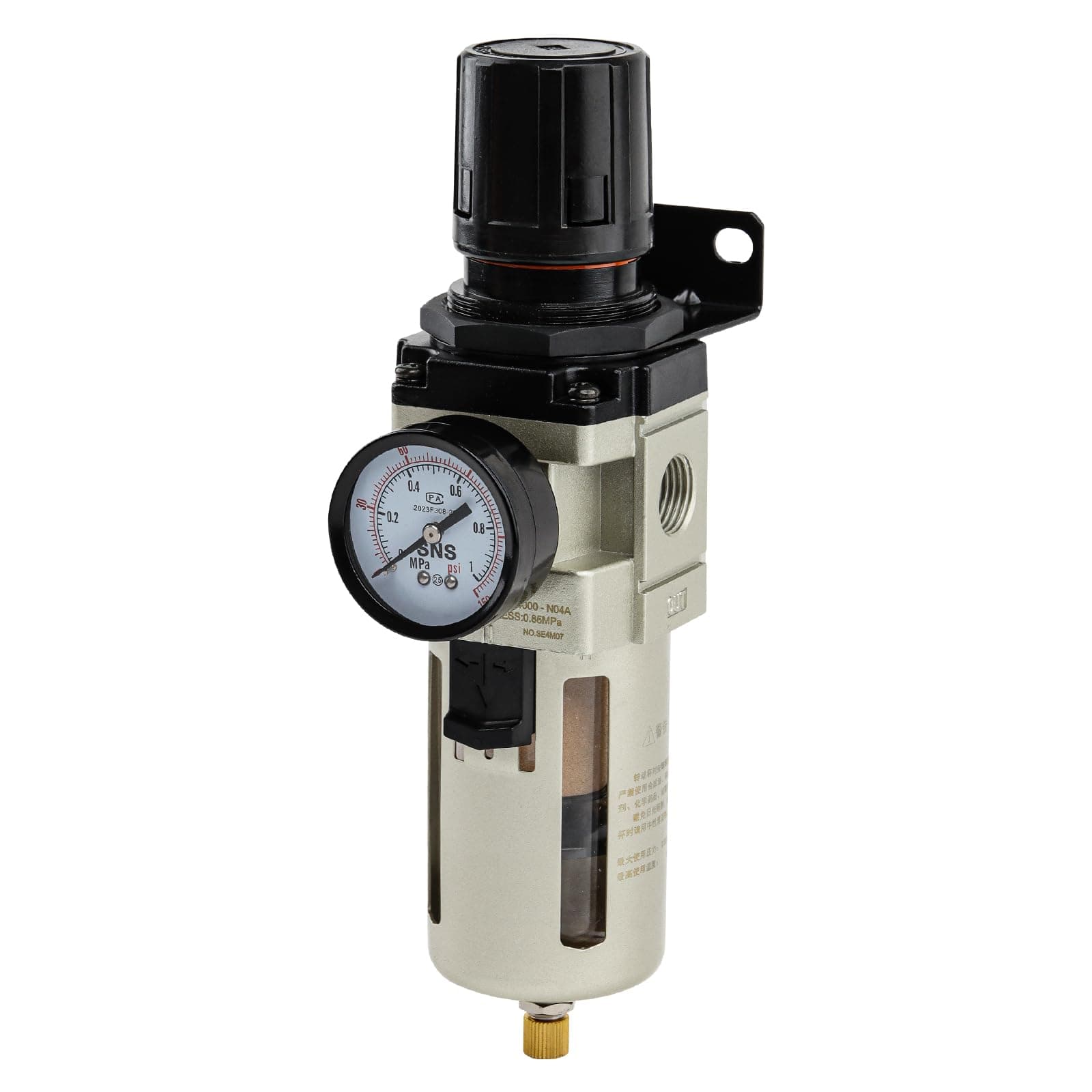 SNS 1/2”NPT Compressed Air Filter Regulator Piggyback Combo, Semi-auto Drain, 5 Micron Brass Filter, Gauge and Bracket, Poly Bowl with Metal Guard AW4000-N04A