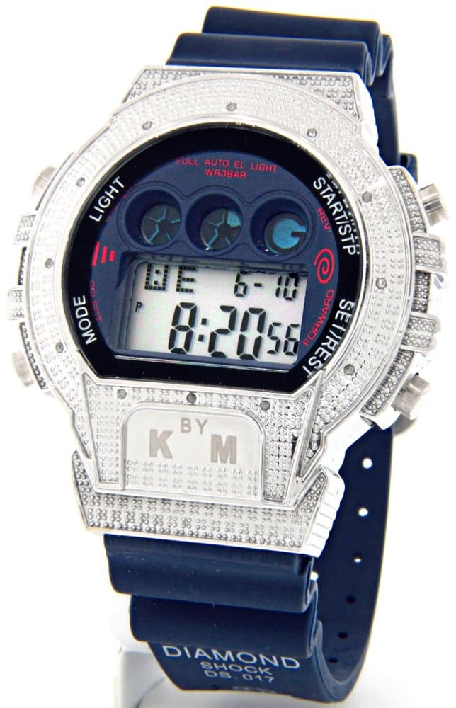 Mens King Master Diamond Case & Blue Band Digital Diamond Watch #KM-688