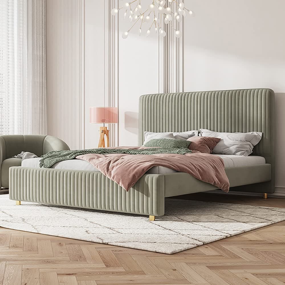 Maple Home Decoration Bed Frame Upholstered Velvet Queen Size Floating Wood Bed Base Bedroom Furniture (160 * 200 Queen Size)