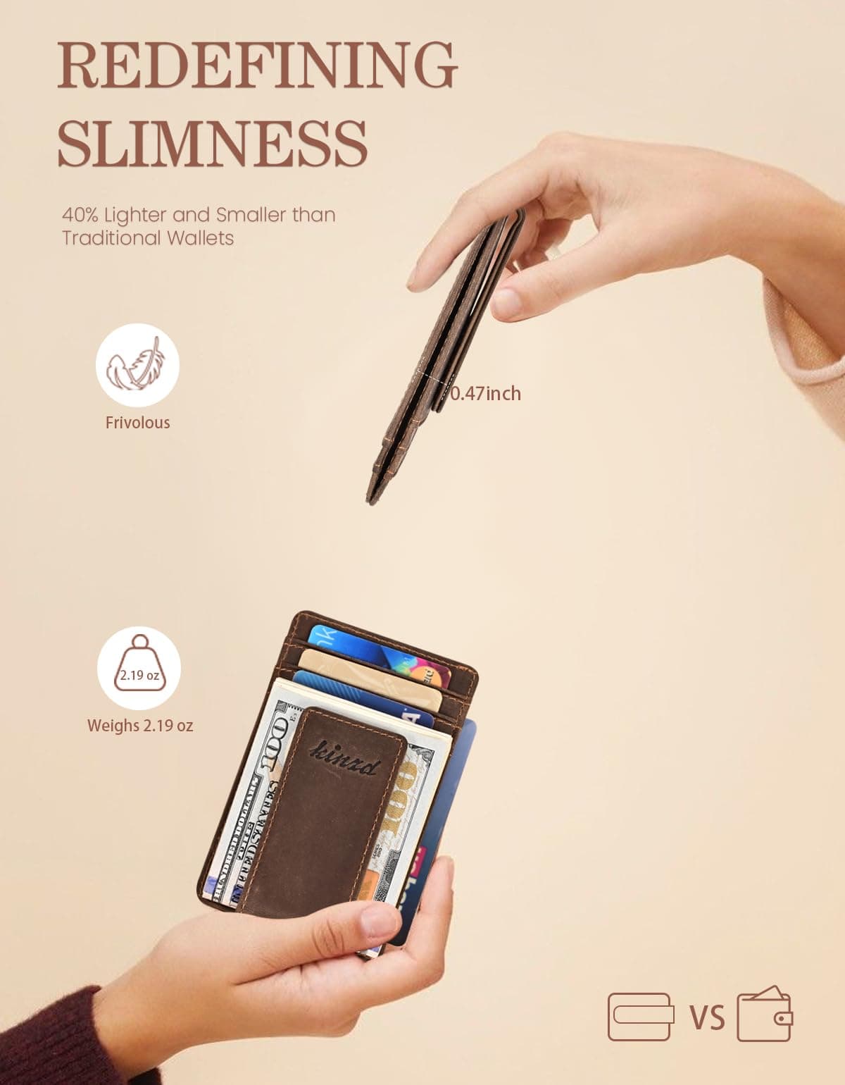 kinzd Money Clip, Front Pocket Wallet, Leather RFID Blocking Strong Magnet Thin Wallet, Dark Brown_Crazy Horse Leather, One Size, Crazy Horse Leather