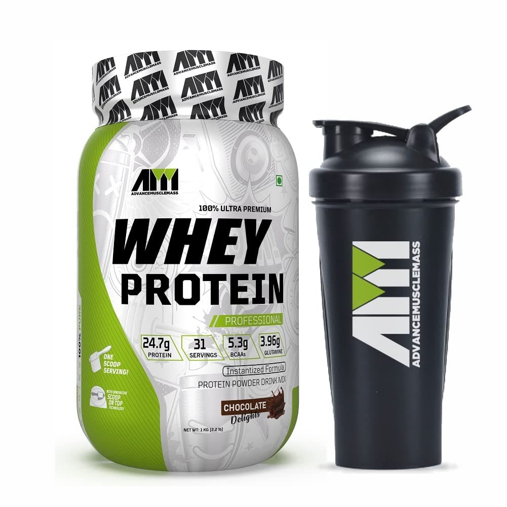 Advance MuscleMass Whey Protein Isolate + Whey Protein Concentrate Blend With Innovative Scoop On Top| 24.7 g protein | With Shaker 700ml (Chocolate Flavour | 1 Kg (2.2 lb), 31 Servings