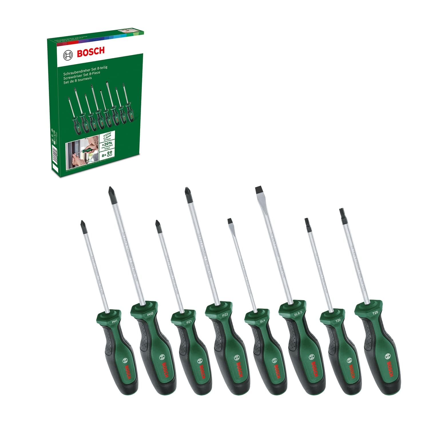 BOSCH 8-Piece Screwdriver Set with Softgrip Handles, Magnetic Tips, and High-Performance S2 Steel in PH, PZ, SL, TX Profiles