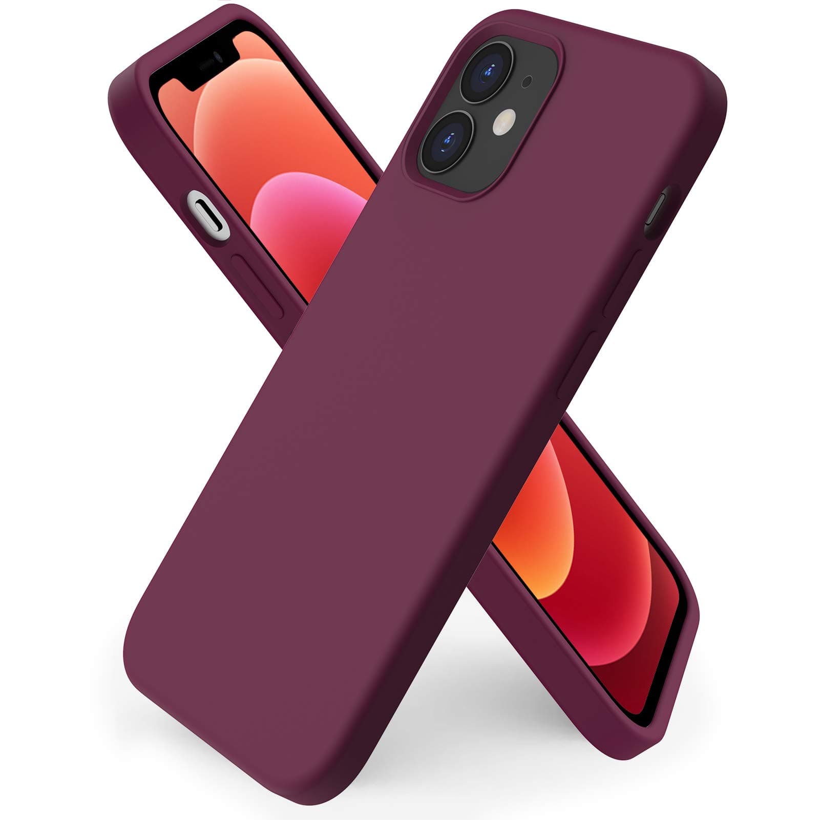 ORNARTO Compatible with iPhone 12 Mini Case, Slim Liquid Silicone 3 Layers Full Covered Soft Gel Rubber with Microfiber Case Cover 5.4 inch-Wine Red