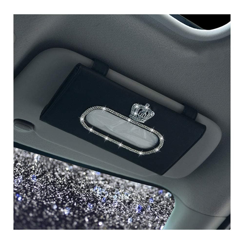 Siyibb Crystal Crown Car Sun Visor Tissue Box Leather Tissue Napkin Holder - Black