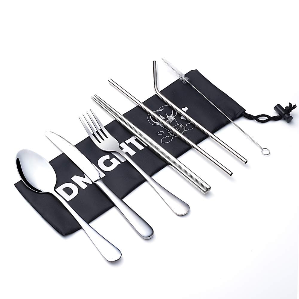 Reusable Utensils with Case - DMight 7 Pieces Portable Silverware Set with Anti-rust Stainless Steel Knife Fork Spoon Chopsticks Straws, Travel Cutlery Set, Dishwasher Safe
