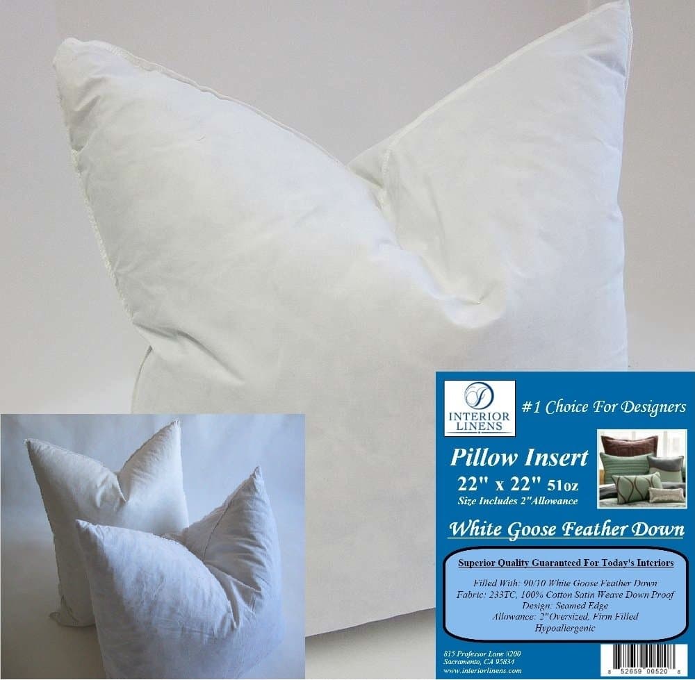 2 Pillow Inserts: 22"x22" 51oz. 10/90 White Goose Feather Down - 2" Oversized & Firm Filled (Actual Size: 24"x24")