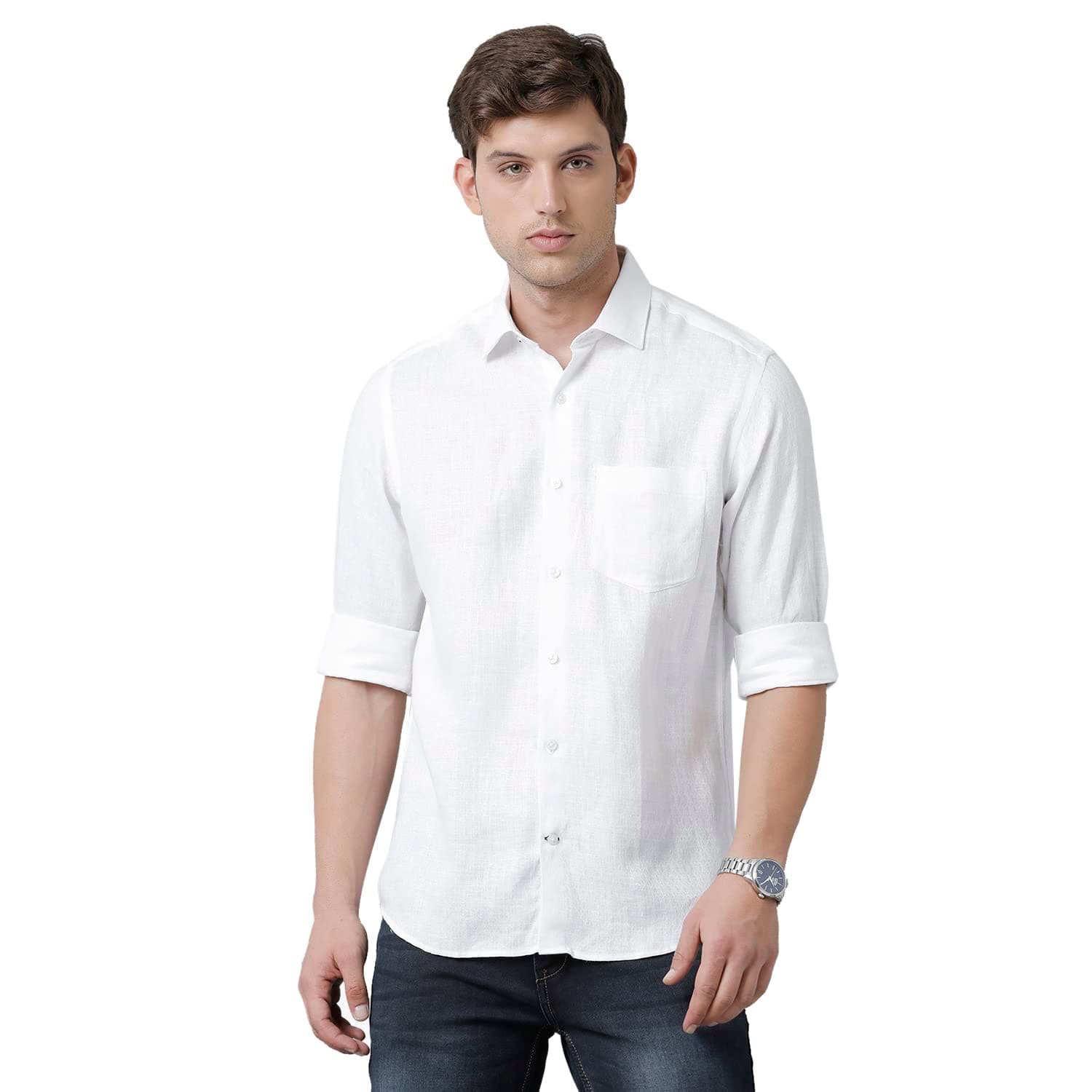 Linen Club Men's Pure Linen White Solid Regular Fit Full Sleeve Casual Shirt