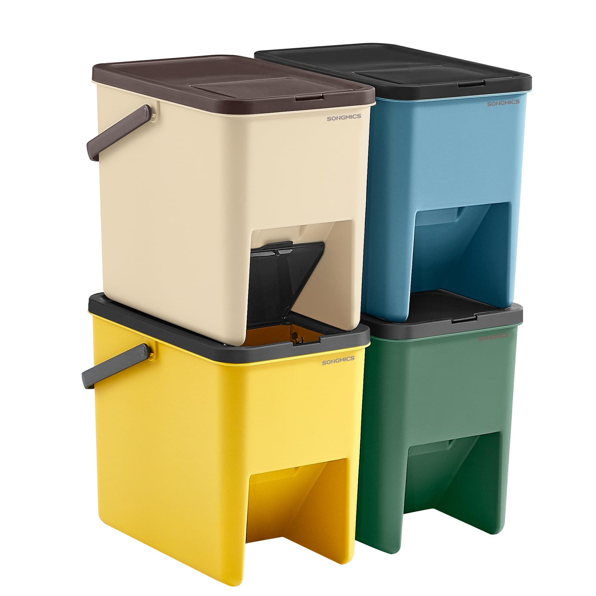 SONGMICS Recycling Bins for Kitchen, Set of 4 Stackable Trash Bins, 20L Each, Waste Separation System, Press-to-Open Lids, with Stickers, Storage Bins, Yellow, Blue, Beige and Green LTB760Q01