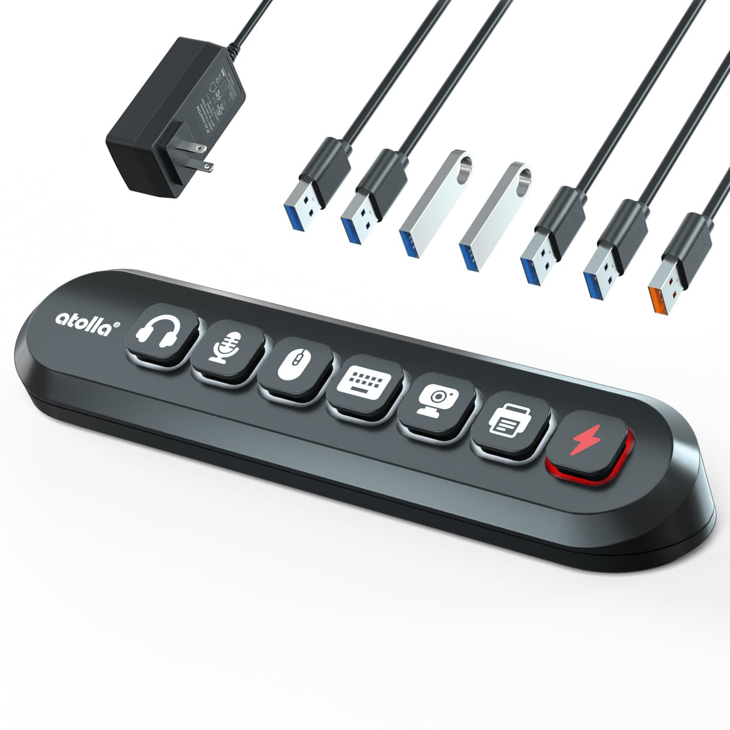 Powered USB Hub, atolla 7-Port USB 3.0 hub (6 Superspeed Transfer Ports+ 1 Fast Charging Port) with Swappable Illuminated Icon Switch and 12V/3A Power Adapter for Windows, MacOS, ChromeOS, Linux