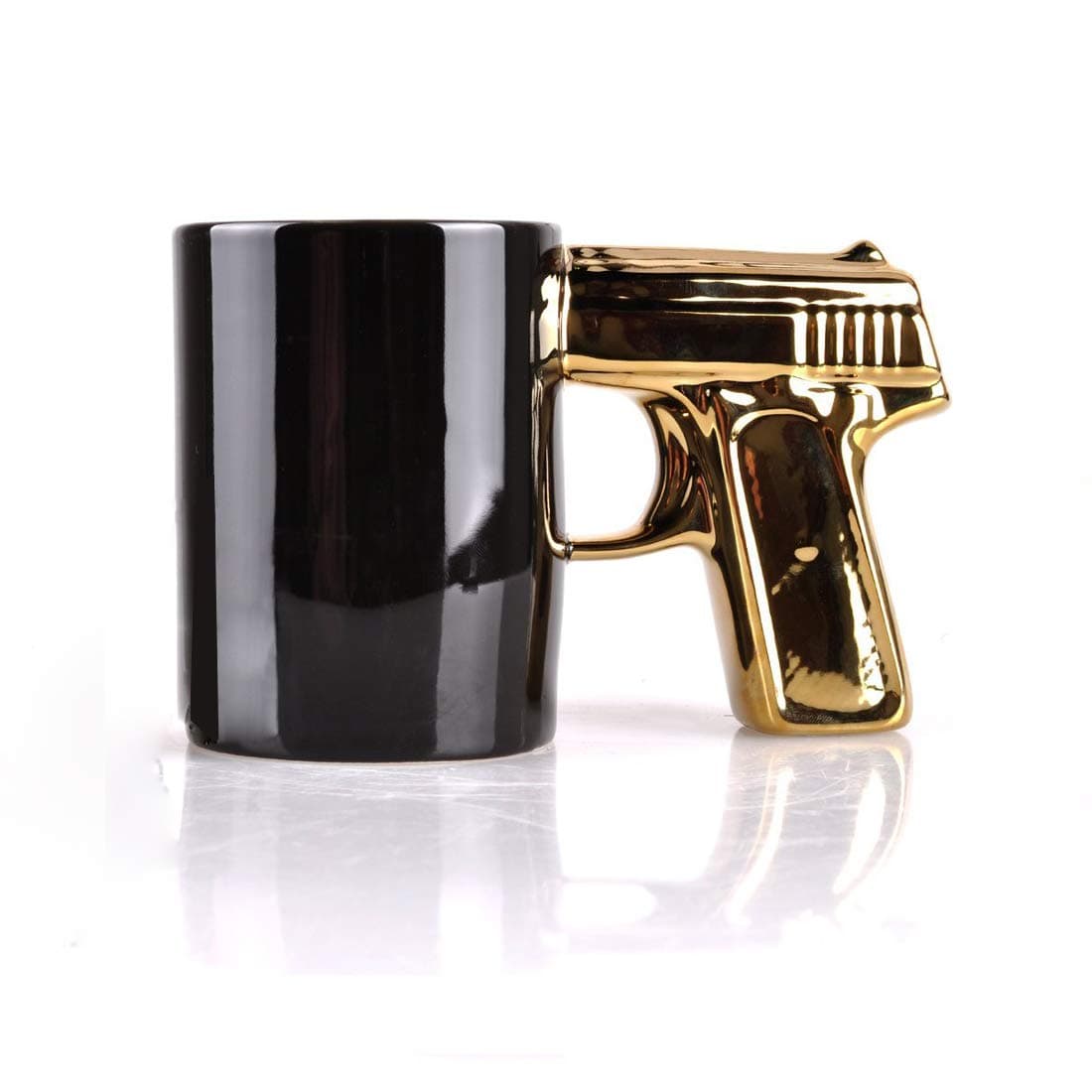 SIKOO Gun Mug, Pistol Mug Coffee Cup 3D Ceramic Drinking Cup Beer Mug, 14 oz,Black Cool Cup, Black&Gold