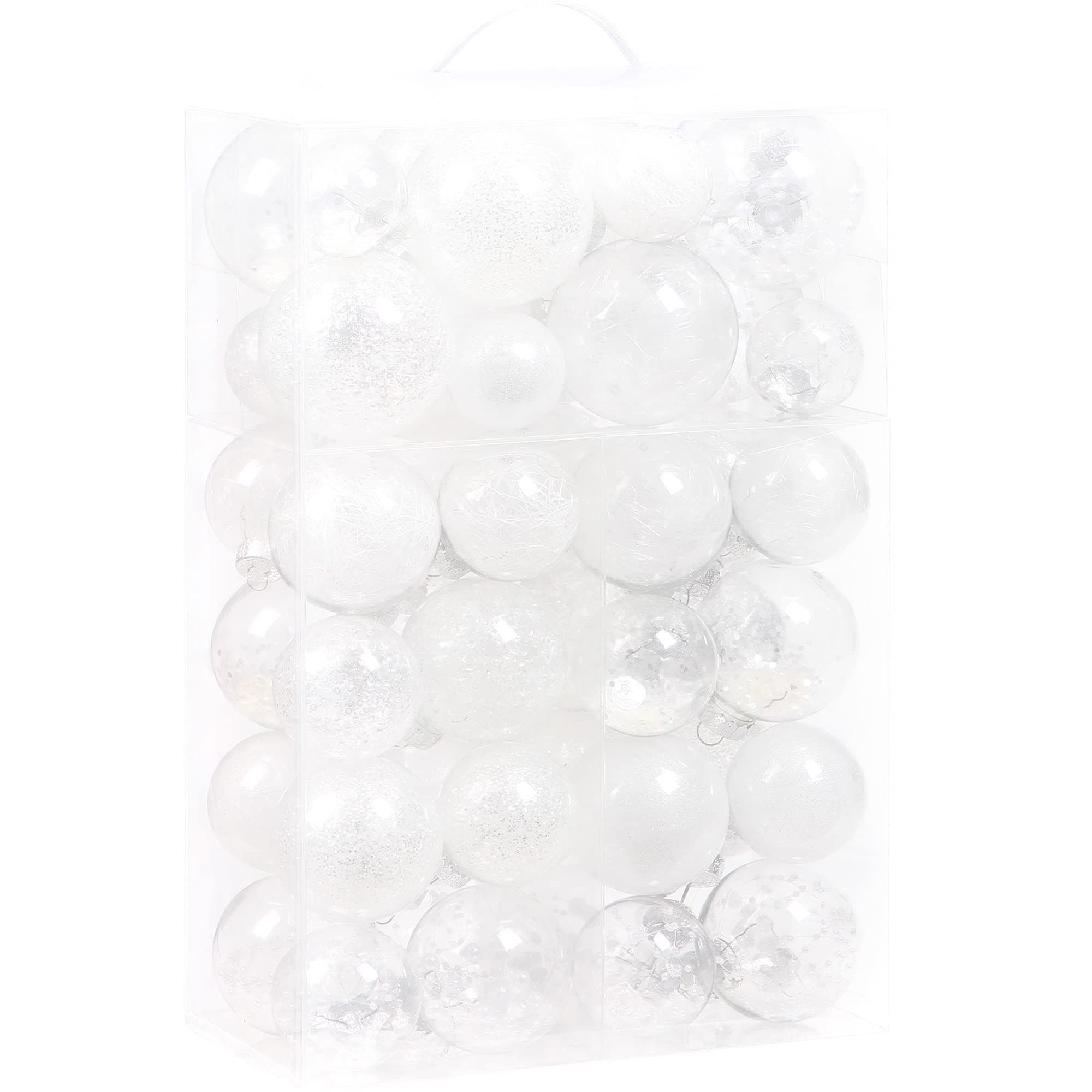 Sea Team Multi-Size Shatterproof Clear Plastic Christmas Tree Ball Ornaments Set, Decorative Hanging Transparent Xmas Baubles with Stuffed Delicate Decorations (48 Counts, White)