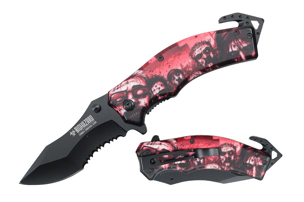 8" Spring Assisted Open Folding Knife, Red Color Zombie Design Handle