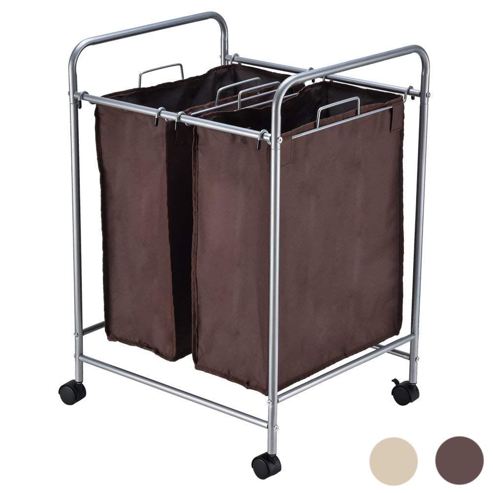 JEFEE Laundry Sorter Cart kaundry Sorter Divided Hamper with Heavy Duty Rolling Wheels, Heavy Duty Double Bag Laundry Sorter Cart for Clothes Storage, Brown