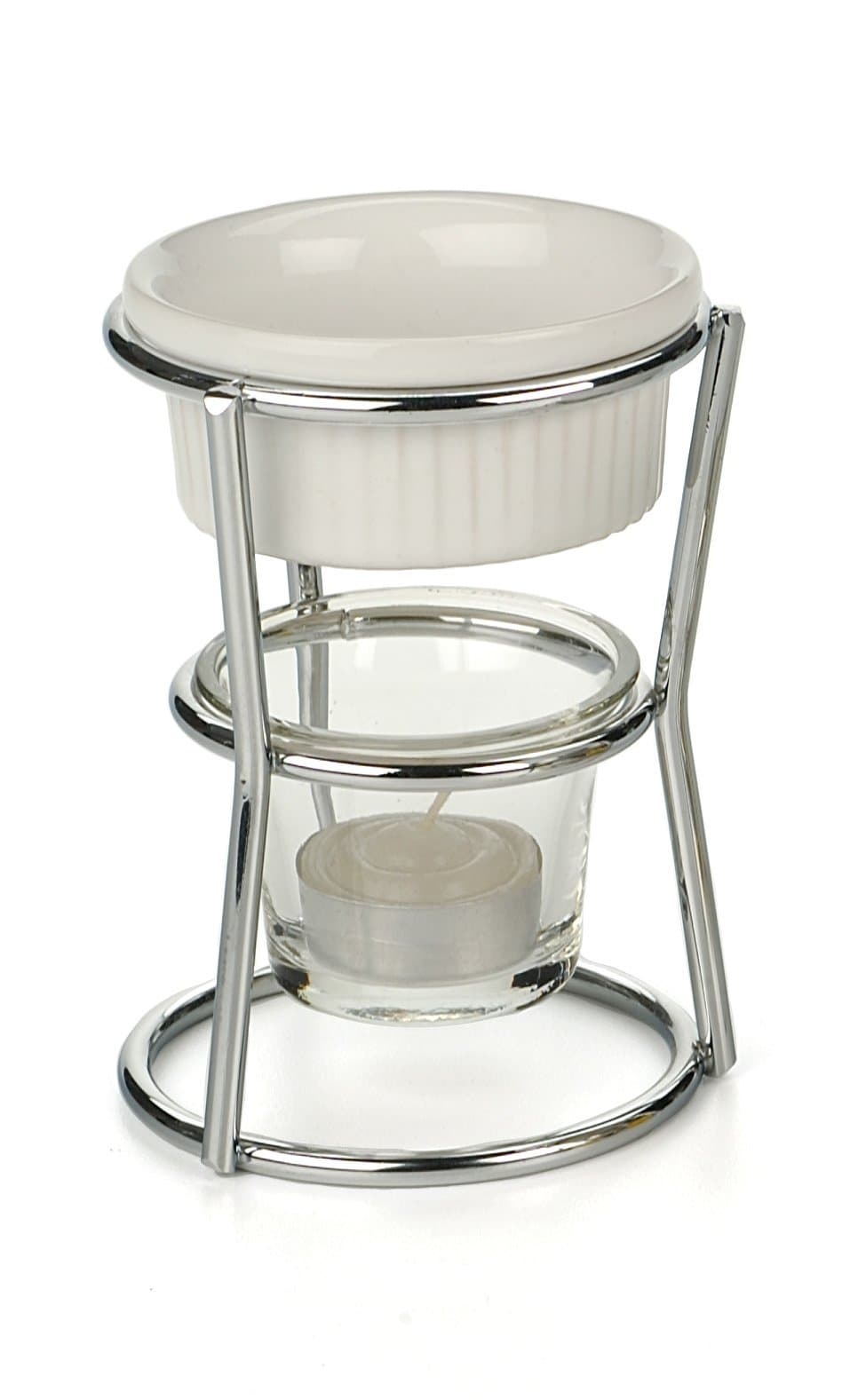 Kitchen Collection Butter Warmer Set, Includes Stoneware Cups, Glass Tealight Holder, Candles and 5-Inch Tall Chrome Wire Frames, 1/3-Cup Capacity, White