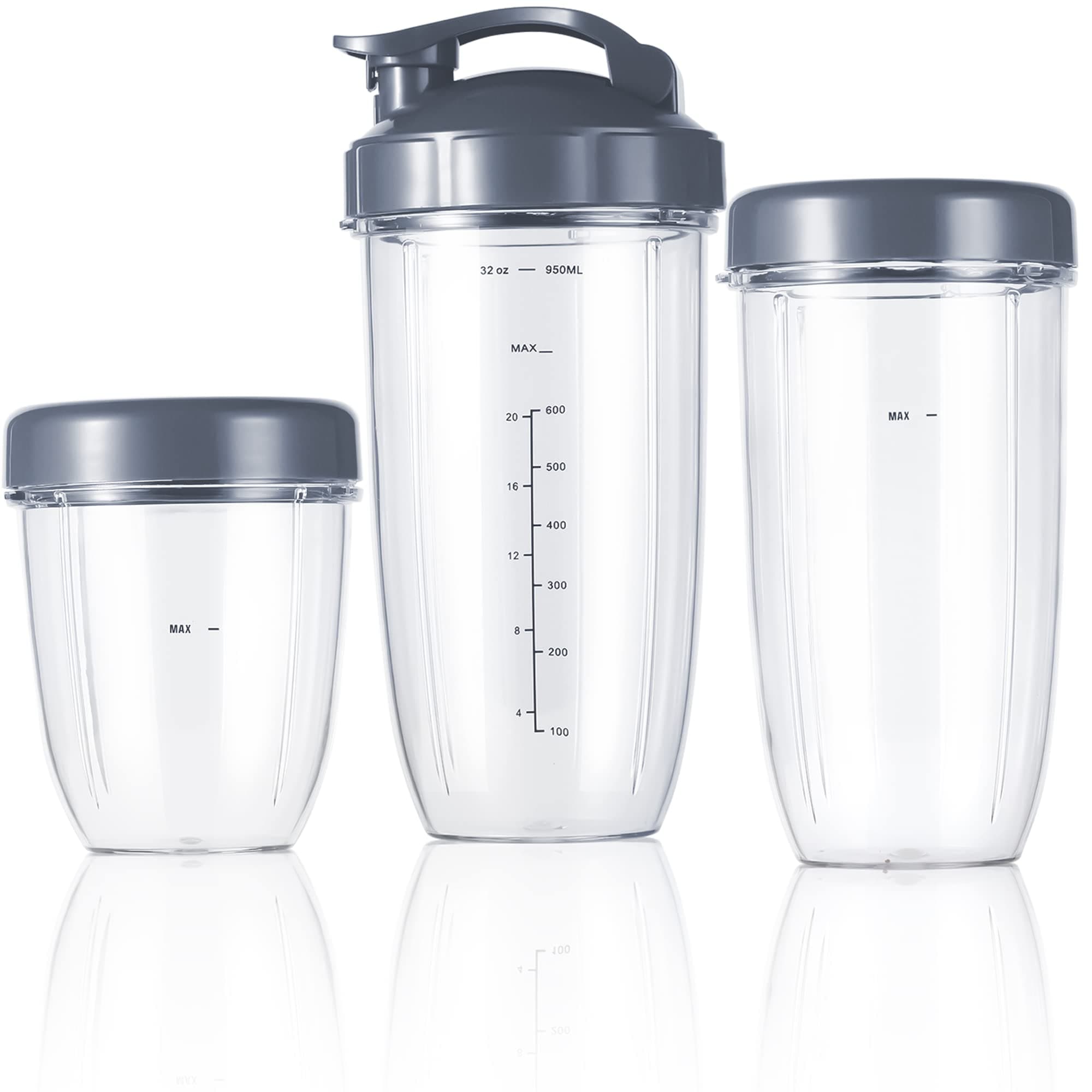 Replacement Cup Kit – 18oz Short, 24oz Tall, 32oz Colossal with Flip-Top To-Go Lid and Stay-Fresh Resealable Lid – Compatible with NutriBullet 600w and Pro 900w Blenders