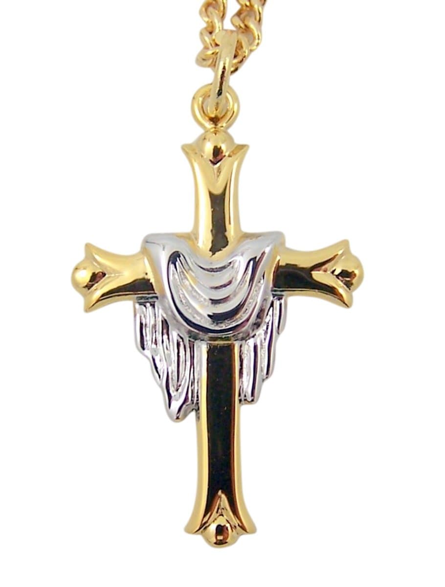 Sterling Silver Two Toned Leaf Tipped Pendant with Robe Over Cross Bar, 1 1/8 Inch