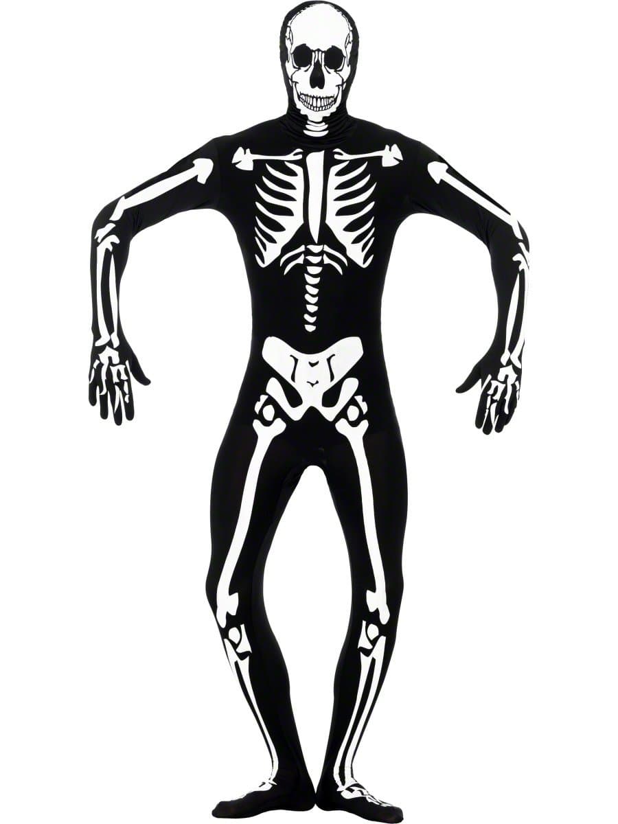 Smiffys Skeleton Second Skin Costume, Black with Concealed Fly & Under Chin Opening, GID, Halloween Adult Fancy Dress, Skeleton Dress Up Costumes