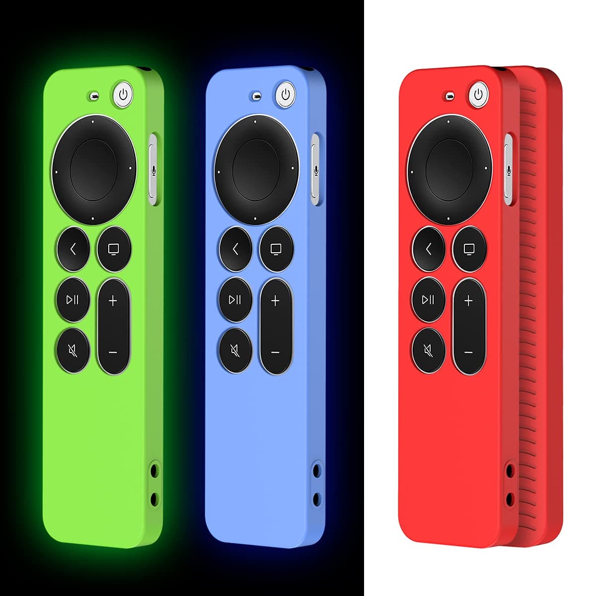 Silicone Case for Apple Siri Remote 2nd Gen, Shockproof/Anti-Slip Full Body Protective Cover for Apple TV 4K / Siri Remote 2nd Gen - Lanyard (Glow Green, Glow Blue, Red)