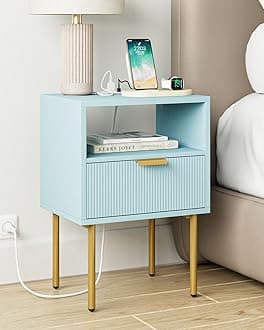 AEPOALUA Nightstand,Morden Bedside Table with Gold Frame,Small White Night Stand,End Table,Bedside Furniture,Side Table with Drawer and Shelf for Bedroom,Living Room (1Drawer-Stripe, Blue-Outlet)