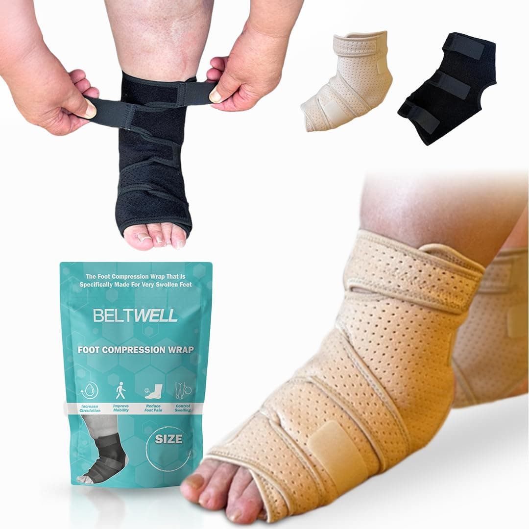 Beltwell® - Adjustable Foot & Ankle Compression Wraps For Edema, Lymphedema, Swelling, Neuropathy, Diabetic Foot Care, Circulation (2 Wraps) (Beige, X-Large)