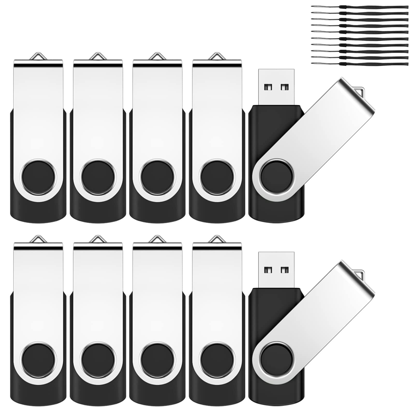 JEVDES2GB USB Memory Stick 10 Pack USB Stick Flash Drive USB 2.0 Pen Drive Swivel Design Thumb Drive for Data Storage Zip Drive Jump Drive with LED Light (Black)