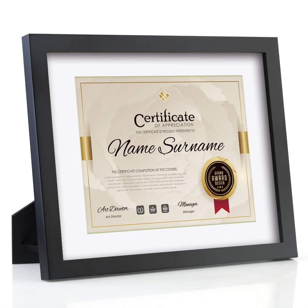 RPJC Document Frame Certificate Frames Made of Solid Wood High Definition Glass and Display Diplomas 8.5x11 with Mat or 11x14 Inch Without Mat Standard Paper Frame with Stand Black