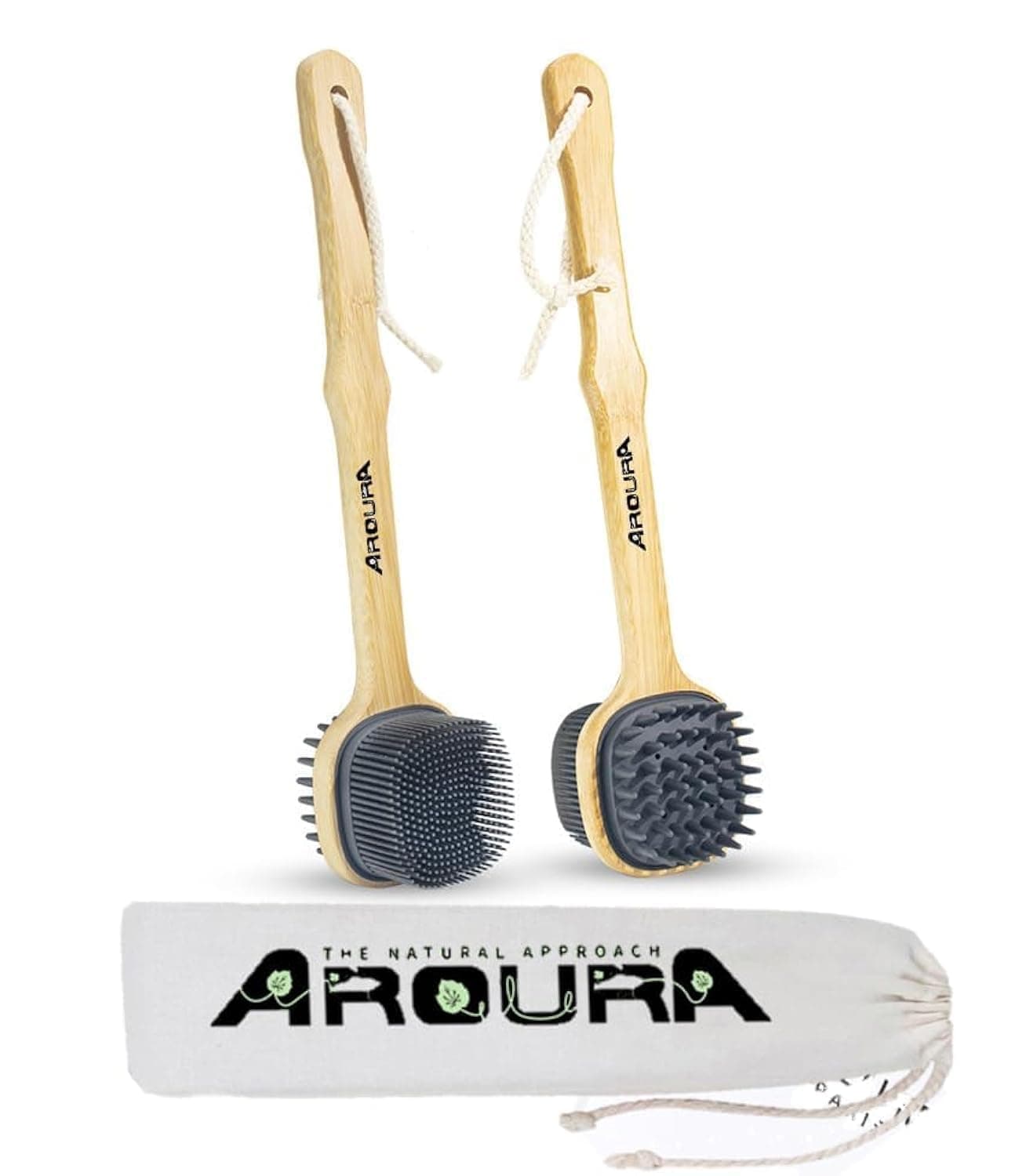 Aroura Eco-Friendly Premium Silicone Back Scrubber: Bamboo Long Handle, Double-Sided Back Brush Shower Brush, Exfoliating Brush with Lanyard for Men and Women